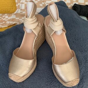 INC International Concepts Gold and Black Wedge Espadrilles